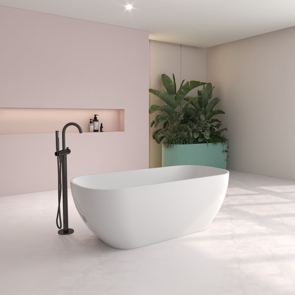 dropship FRALIMK 63" x 30" x 22" Flatbottom Freestanding Solid Surface Resin Stone Bathtub Soaking Tub In Soft White Matte