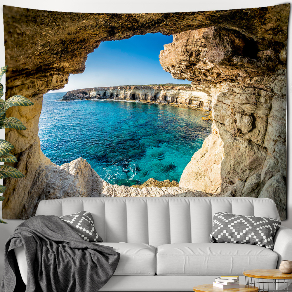 dropship 1pc Mountain Cave Seaside Landscape Tapestry Natural Scenery Bohemian Decoration; Free Installation Package Home Decor Living Room Bedroom Decoration