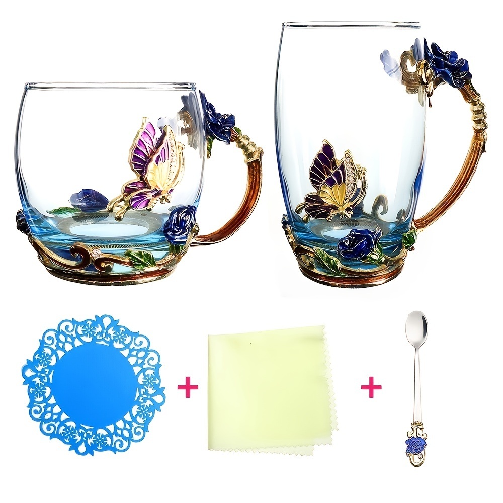 dropship 1pc Rose Enamel Crystal Tea Cup; Coffee Mug; Tumbler Butterfly Rose Painted Flower Water Cups; Clear Glass With Spoon Set