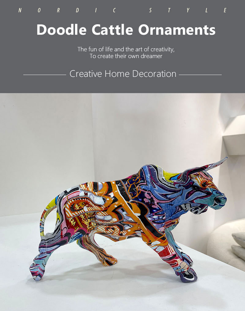 dropship NORTHEUINS Graffiti Painting Resin Bull Figurines Home Living Room Bedroom Office Desktop Feng Shui Ornaments Collection Statues