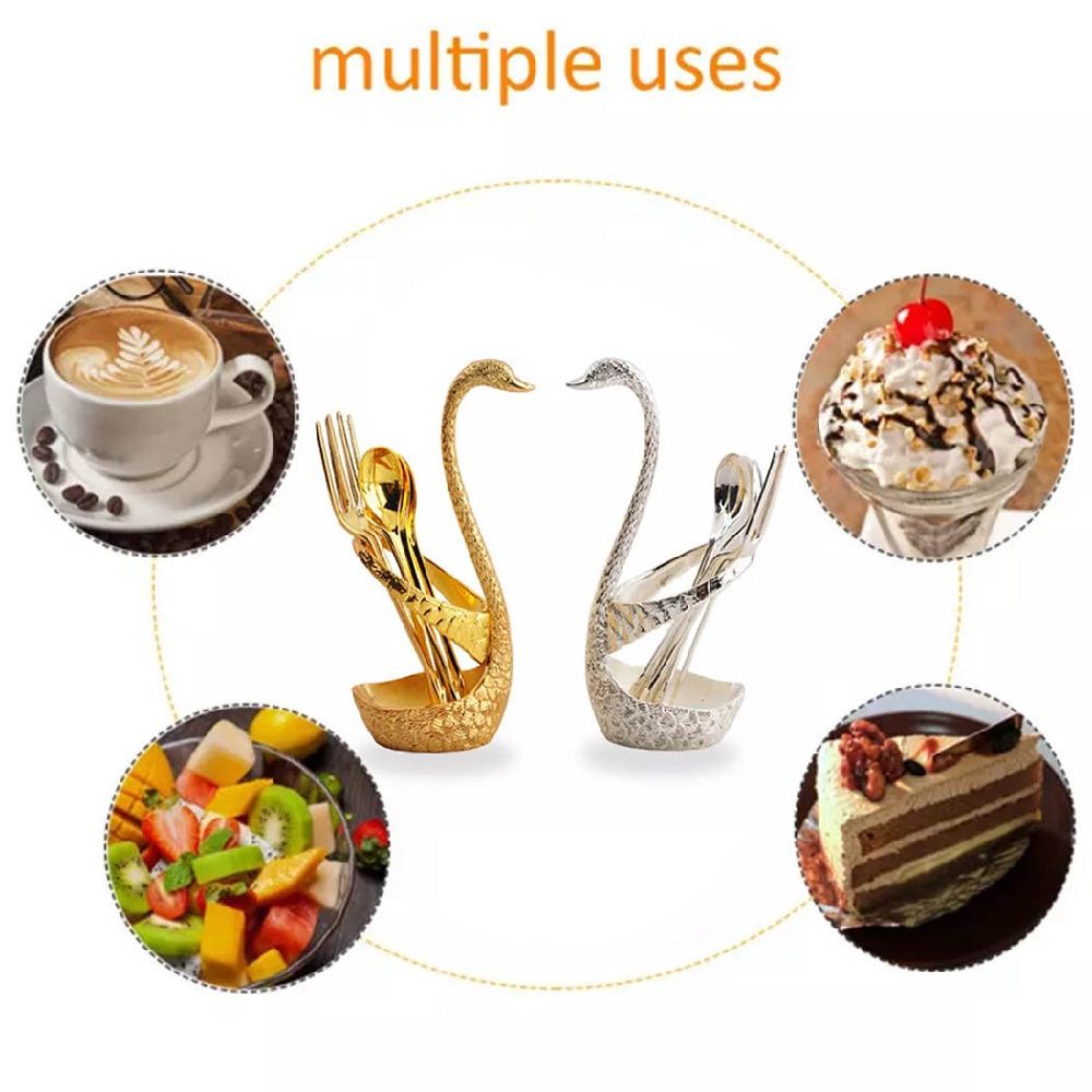 dropship Coffee Spoon Holder For Coffee Bar; 1set Coffee Dessert Spoon Set; Fruit Cake Coffee Tea Spoon; Swan Shaped Base Holder Cutlery Set; Zinc Alloy Metal Tableware