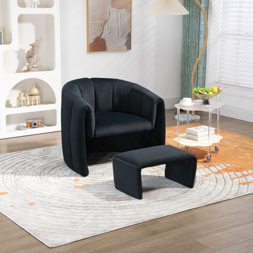 dropship COOLMORE Accent Chair with Ottoman, Mid Century Modern Barrel Chair Upholstered Club Tub Round Arms Chair for Living Room