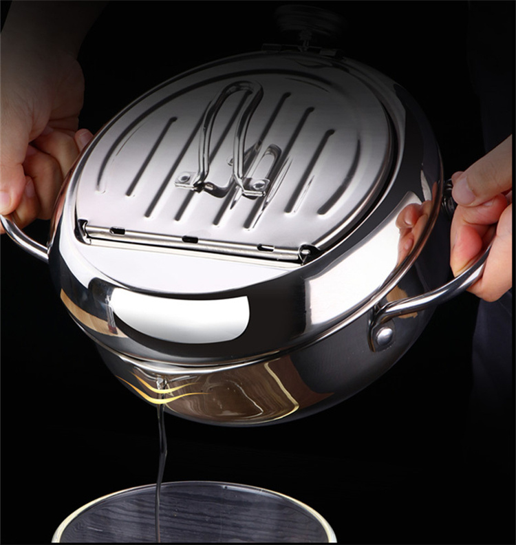 dropship 1pc Tempura Deep Fry Pot, Thickened 304 Stainless Steel Tempura Fryer With Thermometer, Japanese Style Tempura Fryer Pan