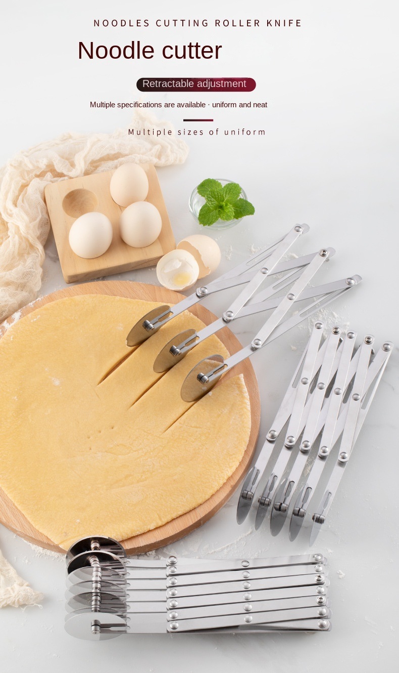 dropship 1pc Stainless Steel Fritters Cut Retractable Multi-wheel Noodle Cutter Roller Knife Pizza Knife Commercial Noodle Cutter Noodle Cutter