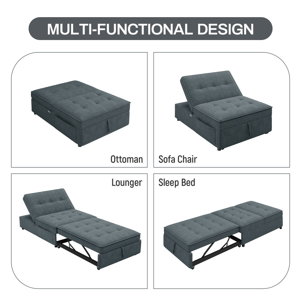 dropship 4-in-1 Sofa Bed, Chair Bed, Multi-Function Folding Ottoman Bed with Storage Pocket and USB Port for Small Room Apartment,Living Room,Bedroom,Hallway, Deep Blue