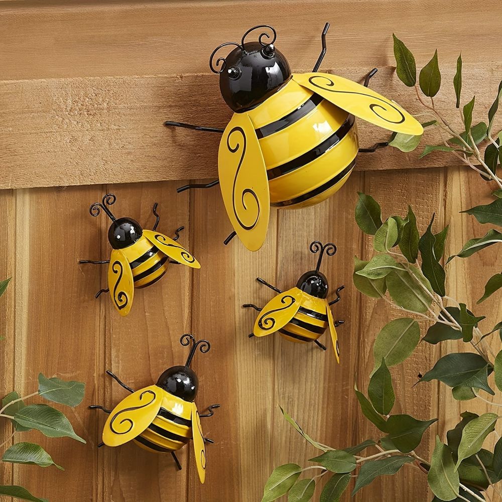 dropship 4pcs; Metal Wall Art; Metal Bumble Bee Wall Decor; 3D Iron Bee Art Sculpture Hanging Wall Decorations For Outdoor Home Garden