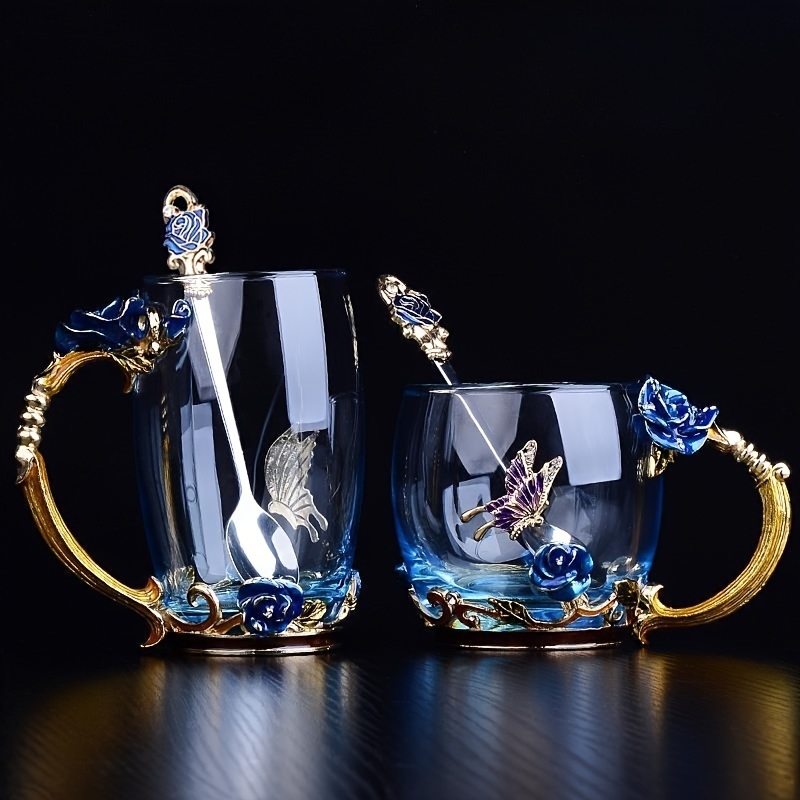 dropship 1pc Rose Enamel Crystal Tea Cup; Coffee Mug; Tumbler Butterfly Rose Painted Flower Water Cups; Clear Glass With Spoon Set