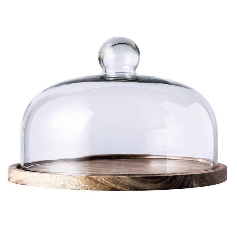 dropship 1pc Pastry Plate WithTransparent Glass Cover; Fruit Plate With Glass Top; Small Circle Wooden Tray With Glass Lid