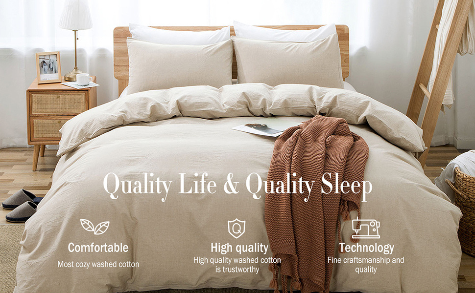 dropship 100% Washed Cotton Duvet Cover Set, Durable Fade-Resistant Natural Bedding Set (No Comforter)