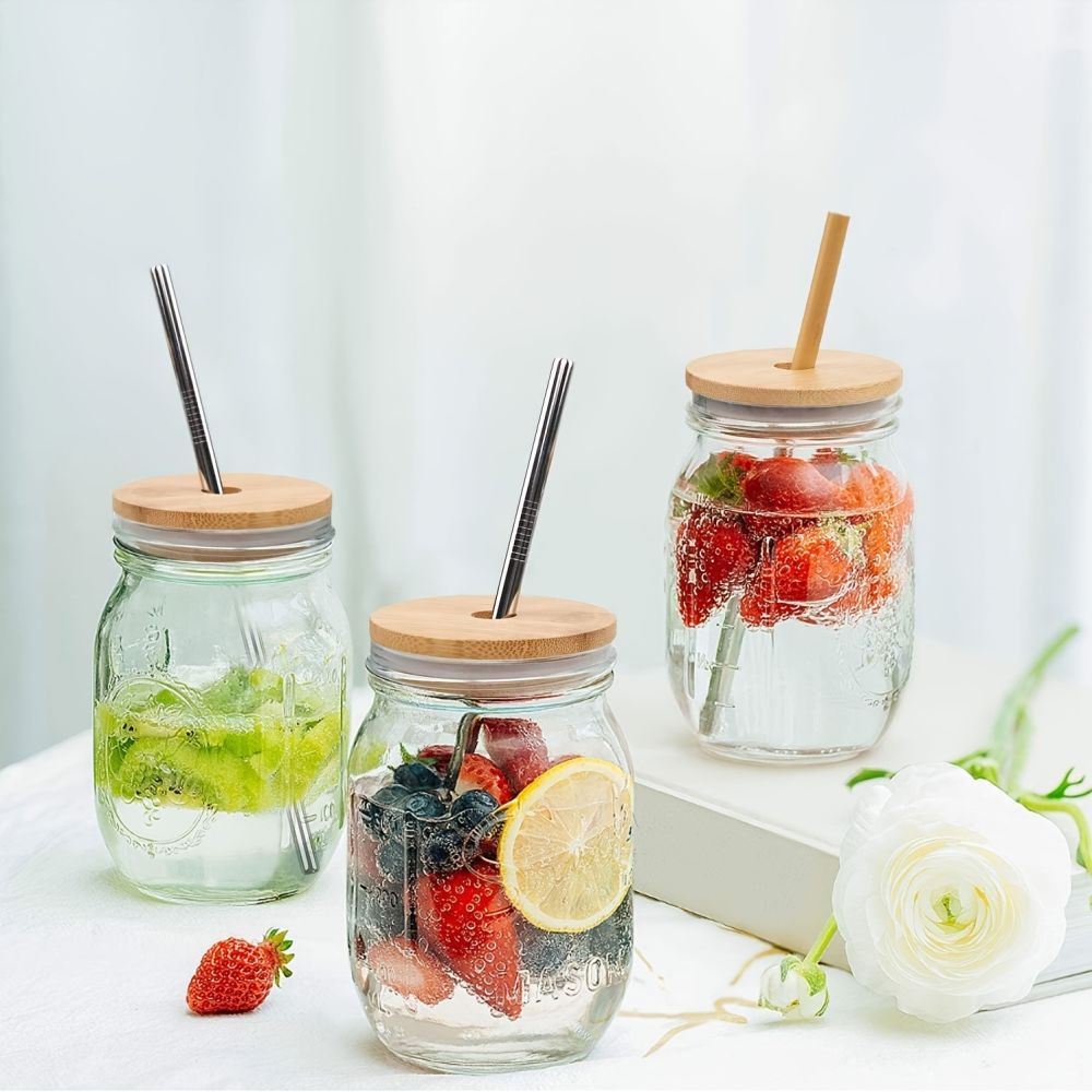 dropship 2/4pcs Bamboo Jar Lids With Straw Hole; Reusable Bamboo Jar Lids; Leak Proof Glass Canning Drinking Storage Jars; Canning Lids With Silicone Ring For Mason Canning Jar