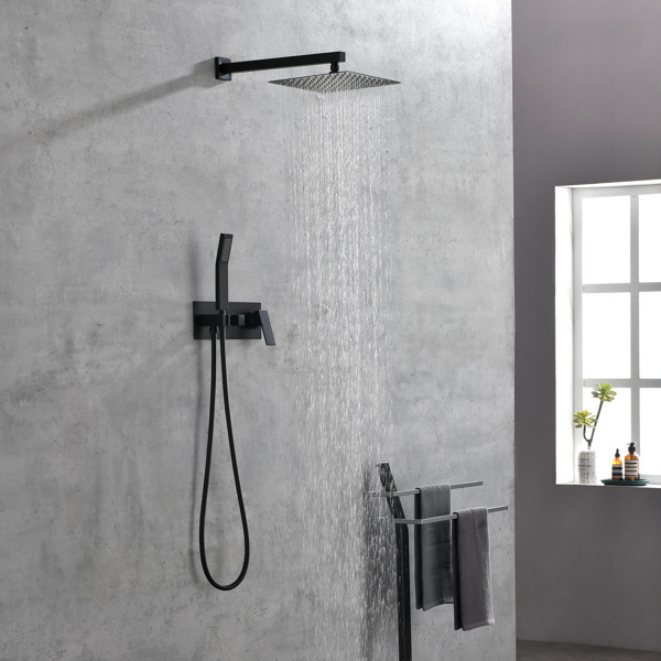 dropship Brass Matte Black Shower Faucet Set Shower System 10 Inch Rainfall Shower Head with Handheld Sprayer Bathroom Luxury Rain Mixer Combo