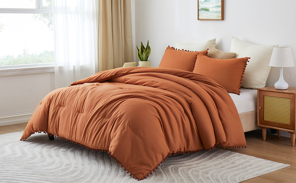 dropship Boho Comforter Set, Boho Bedding set with Pom Poms Fringe Design, 1 Aesthetic Comforter and 2 Pillowshams