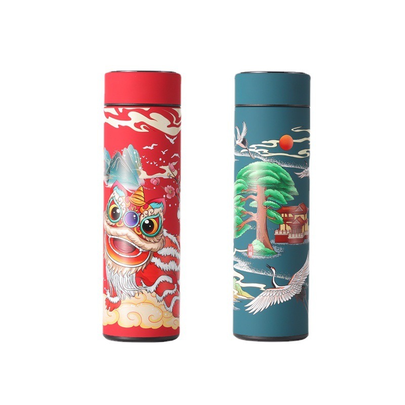 dropship 1pc Chinese Style Warm Cup Water Cup; 304 Stainless Steel Water Cup; Vacuum Cup; Chinese Style Cartoon Animal Crane Fish Lion 16.9oz