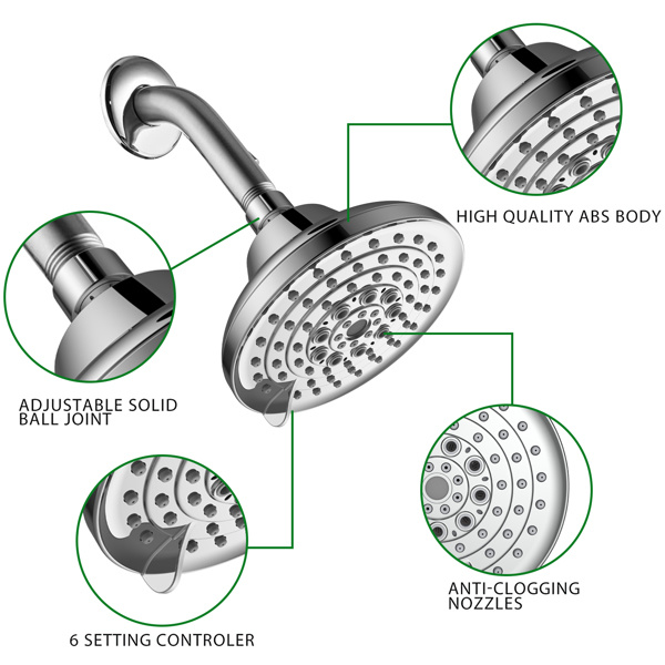 dropship 6 Spray Settings High Pressure Shower Head 5" Rain Fixed Showerhead - Chrome Adjustable Shower Head with Anti-Clogging Nozzles; Low Flow Easily Installation