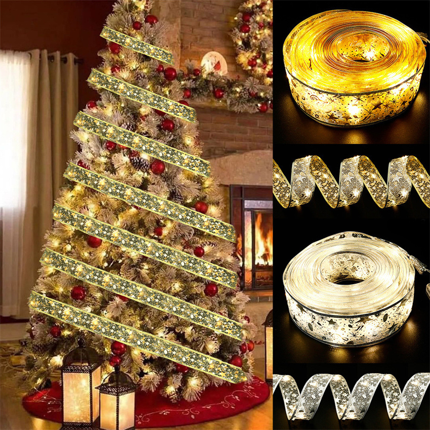 dropship Christmas Decoration LED Ribbon Lights Christmas Tree Ornaments DIY Lace Bows String Light Navidad Home Decoration New Year 2023