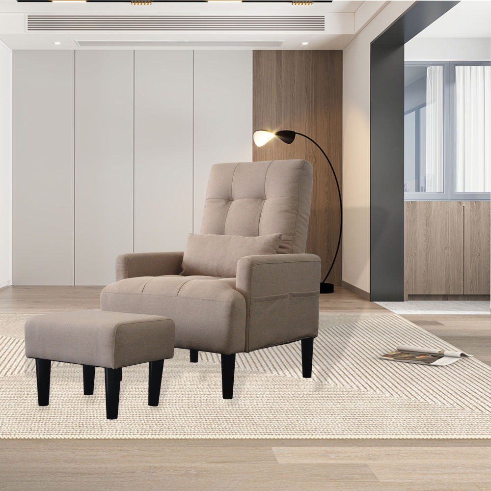 dropship Redde Boo brown living room sofa single chair and ottoman, modern multi-function fabric living room sofa lounge chair bed and stool. Soft leisure single chair adjustable into 5 angles with sofa bed
