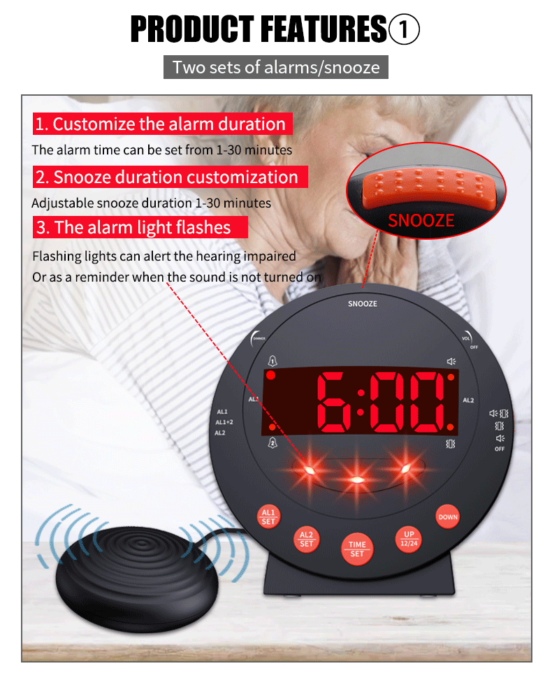 dropship LED Vibrating Loud Alarm Clock Strong Bed Vibration Shaker for Heavy Sleepers Deaf Senior Kids Display Dimmer Snooze USB Charger