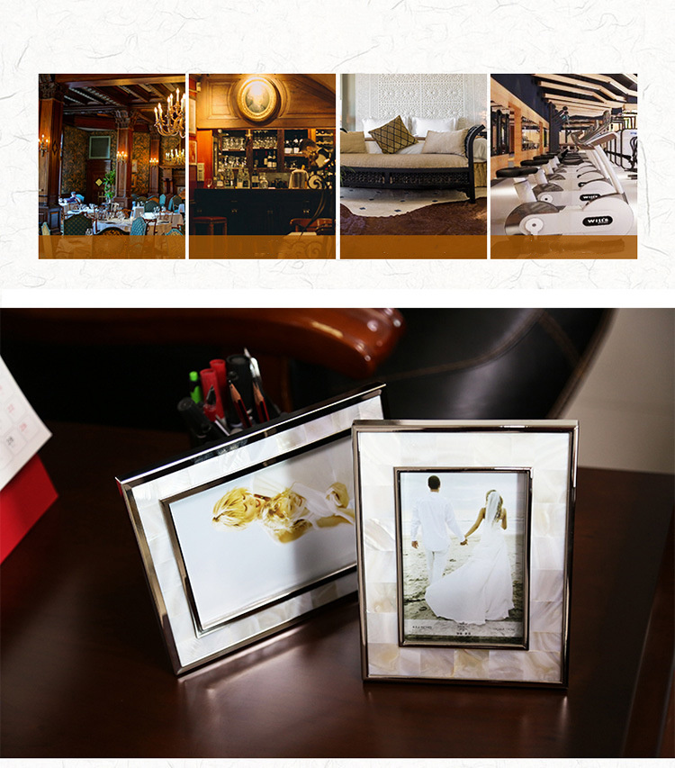 dropship High Quality Home Decoration Metal Shell Photo Frame 3-10 Inch Back Polished Alloy Flocking Wedding Photo Bedside Table Ornament