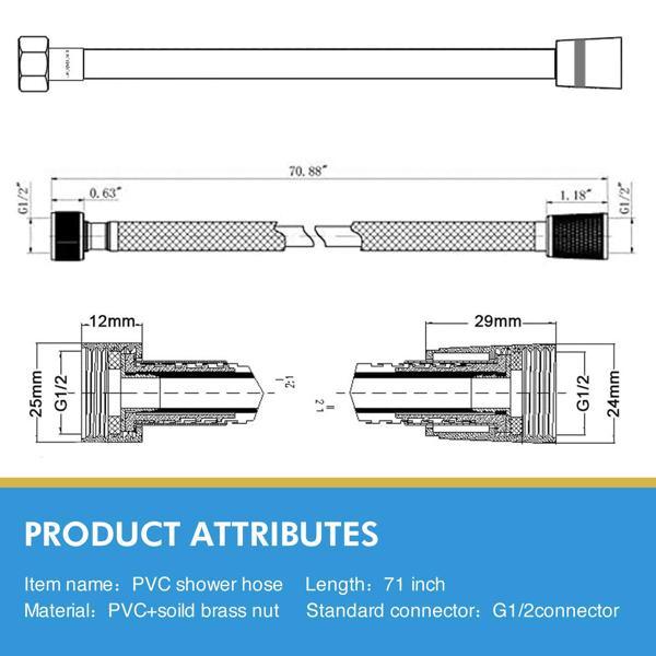 dropship PVC Shower Hose 71 Inches Extra Long Smooth Handheld Shower Hose Flexible Anti-Kink Handheld Shower Head Hose with brass spin inner core White