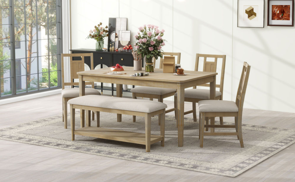 dropship TREXM 6-piece Retro Dining Set, Minimalist Dining Table and 4 upholstered chairs & 1 bench with a shelf for Dining Room(Natural Wood Wash)