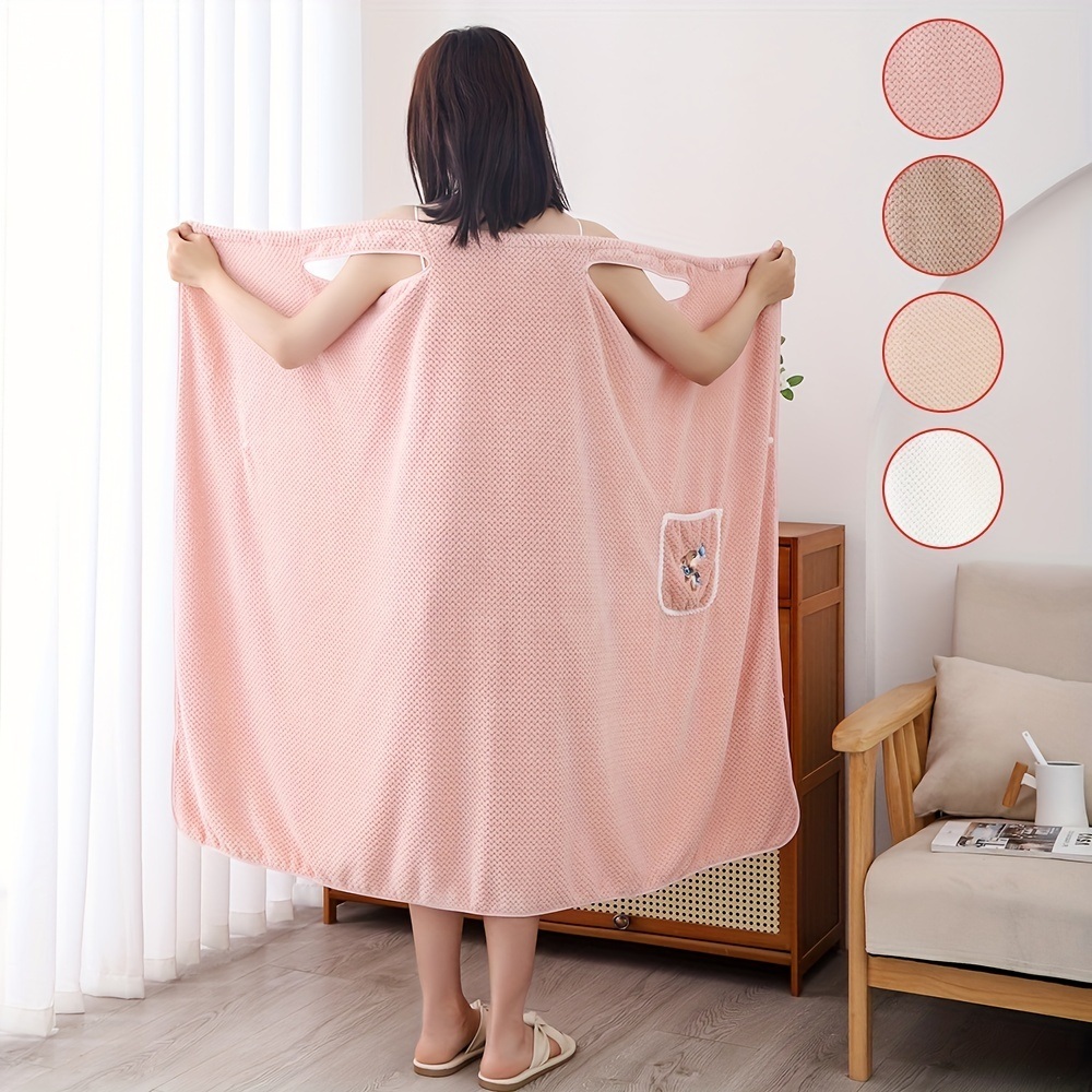 dropship 1pc Women's Shower Dress; Wearable Bath Wrap Towels For Women; Patched Pocket Bathrobe; Shower Spa Wrap For Sauna Beach Pool; Super Absorbent Bath Skirt; Big Bath Towel