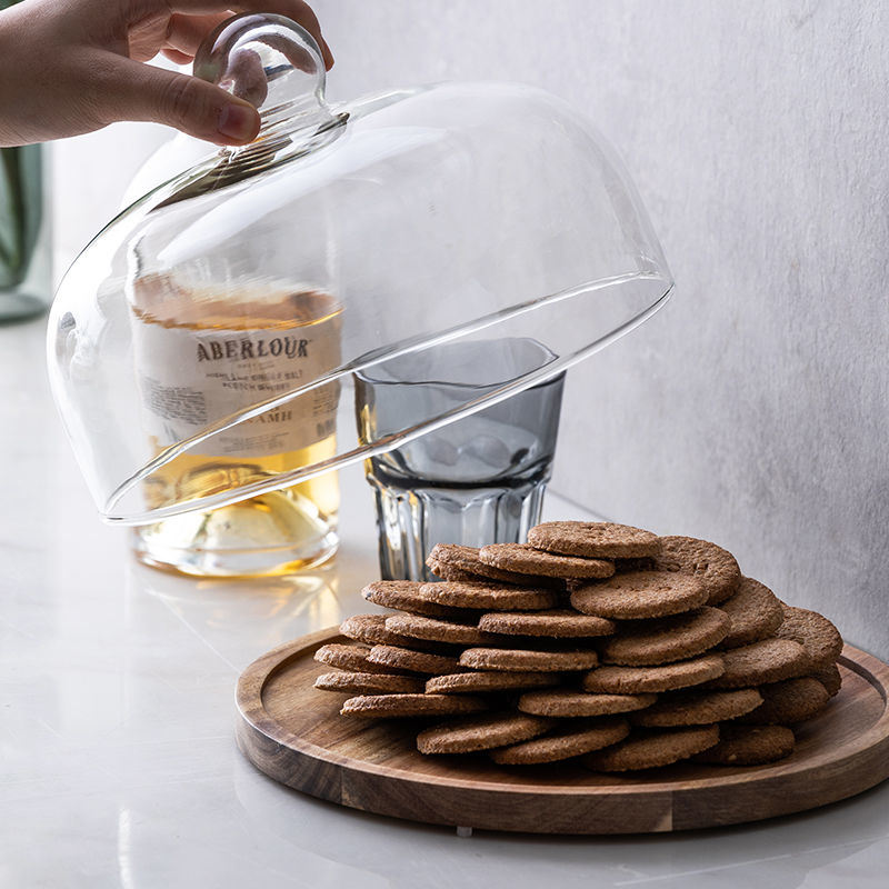 dropship 1pc Pastry Plate WithTransparent Glass Cover; Fruit Plate With Glass Top; Small Circle Wooden Tray With Glass Lid