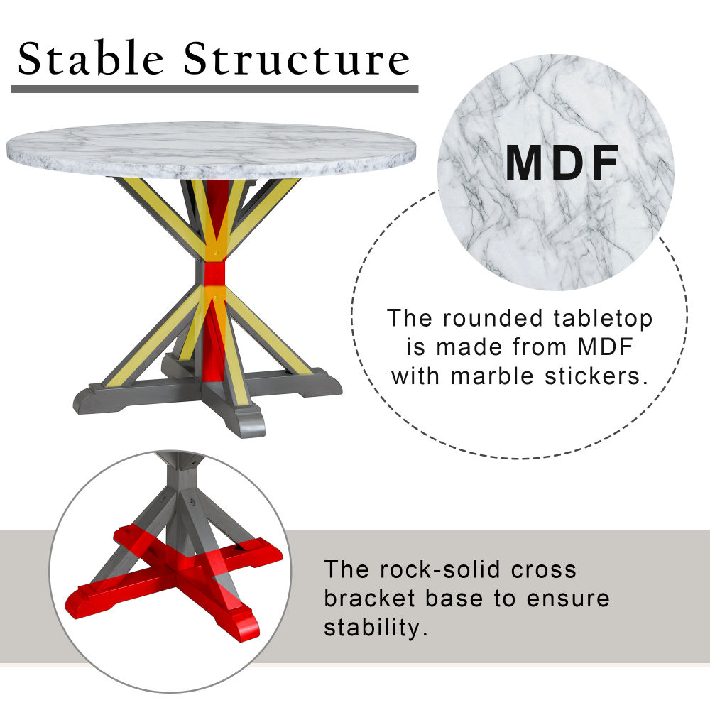 dropship TREXM 5-Piece Farmhouse Style Dining Table Set, Marble Sticker and Cross Bracket Pedestal Dining Table, and 4 Upholstered Chairs (White+Gray)