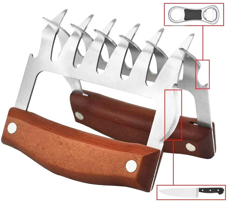 dropship LMETJMA Bear Claws Stainless Steel BBQ Meat Shredder Claws with Wooden Handle Bottle Opener Turkey Chicken Claws KC0423