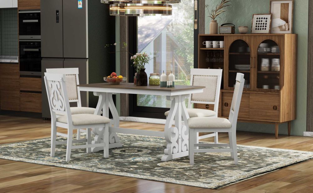 dropship TREXM 5-Piece Retro Dining Set, Rectangular Wooden Dining Table and 4 Upholstered Chairs for Dining Room and Kitchen (Brown+White)