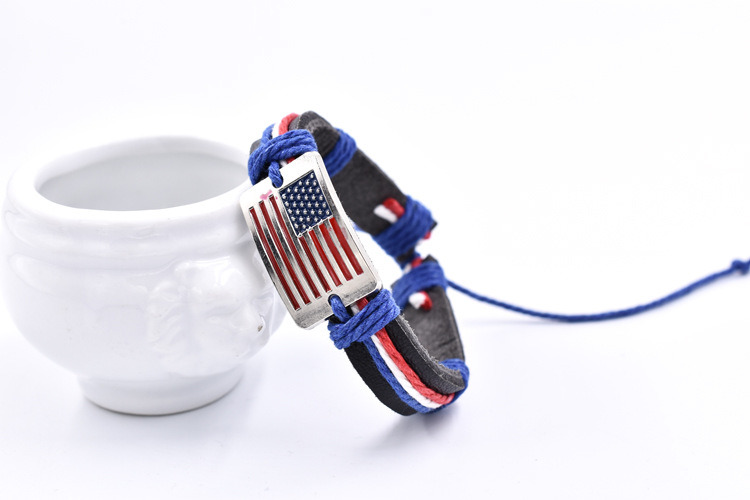 dropship Flag Shape Pattern Braided Bracelet With PU Leather Chain Independence Day Presidents Day Decoration