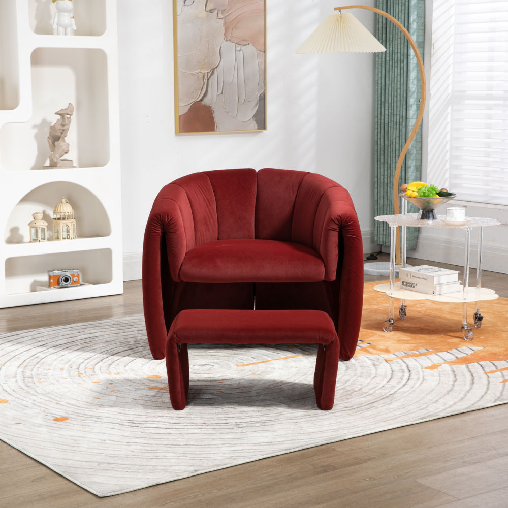 dropship COOLMORE Accent Chair with Ottoman, Mid Century Modern Barrel Chair Upholstered Club Tub Round Arms Chair for Living Room