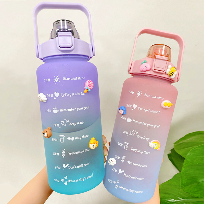 dropship 2L Large Capacity Water Bottle With Bounce Cover Time Scale Reminder Frosted Cup With Cute Stickers For Outdoor Sports Fitness