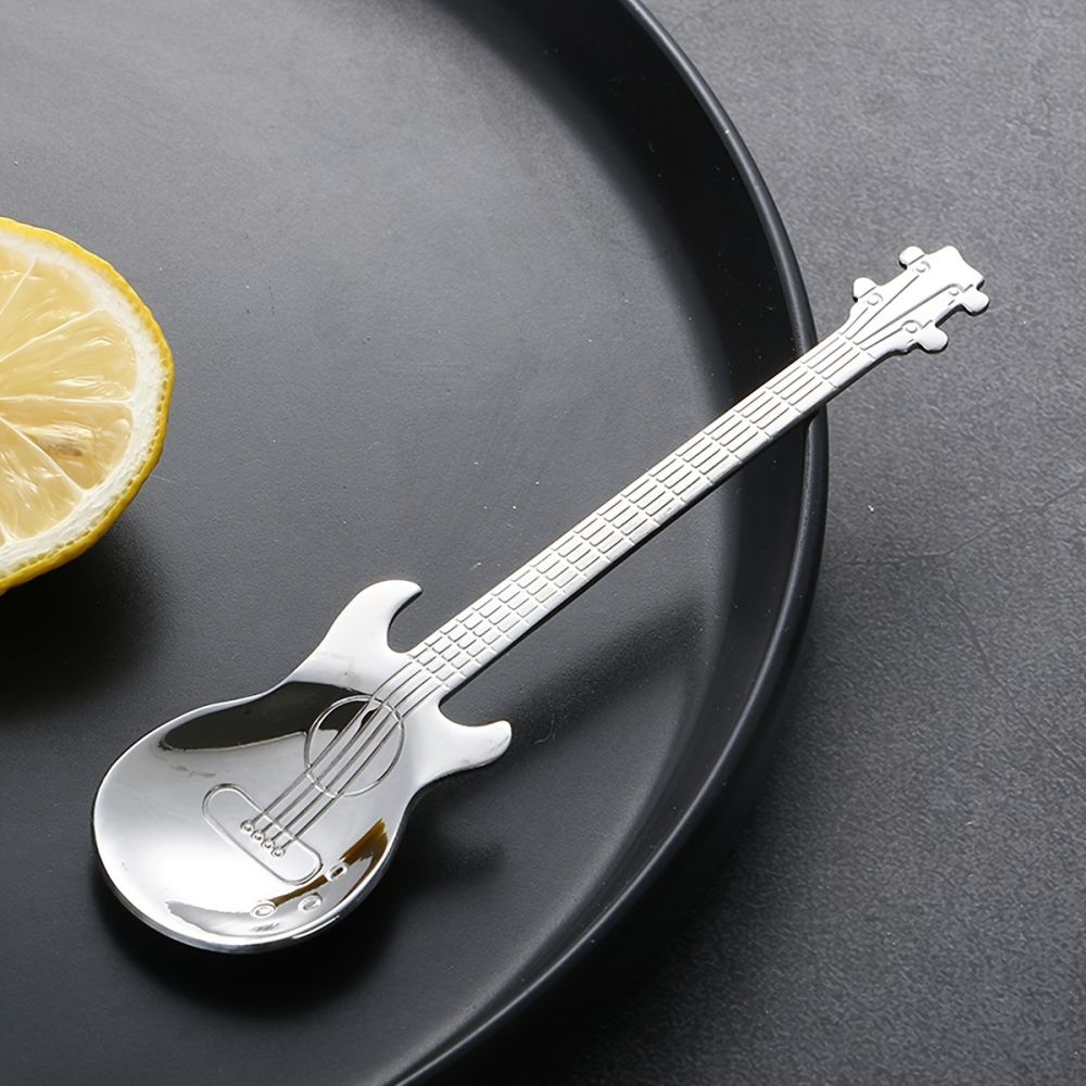 dropship 1pc Guitar Shaped Spoon; Creative Stainless Steel Guitar Shaped Coffee Stirring Spoon; Milk Tea Dessert Pastry Ice Cream Spoon; Gift; Kitchen Accessories