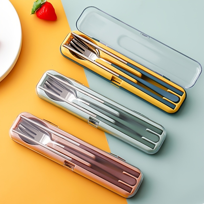 dropship 3pcs Portable Stainless Steel Cutlery Set; Fork Spoon Chopsticks With Case