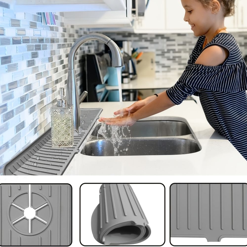 dropship 1pc Faucet Sink Splash Guard Mat, Silicone Faucet Water Catcher Mat Cover, Sink Draining Pad Behind Faucet, Gray Black Silicone Drying Mat For Bathroom Countertop Protect
