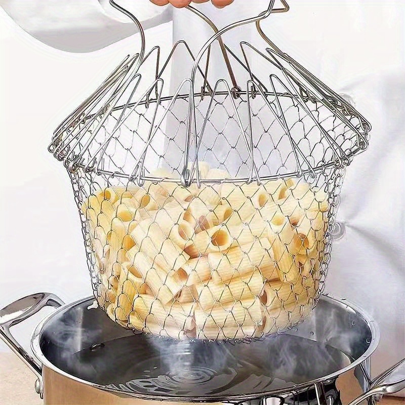 dropship 1pc; Frying Basket; Stainless Steel Frying Basket; Kitchen Foldable Steam Rinse Strain; Household Fry Basket Strainer; Kitchen Cooking Tool For Fried Food