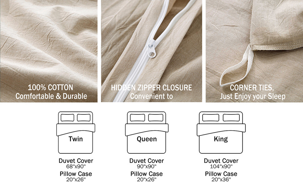 dropship 100% Washed Cotton Duvet Cover Set, Durable Fade-Resistant Natural Bedding Set (No Comforter)
