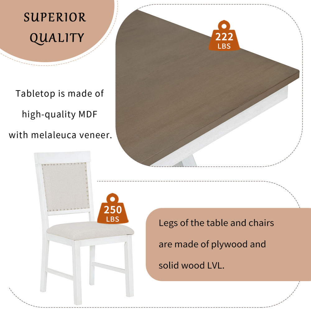 dropship TREXM 5-Piece Retro Dining Set, Rectangular Wooden Dining Table and 4 Upholstered Chairs for Dining Room and Kitchen (Brown+White)
