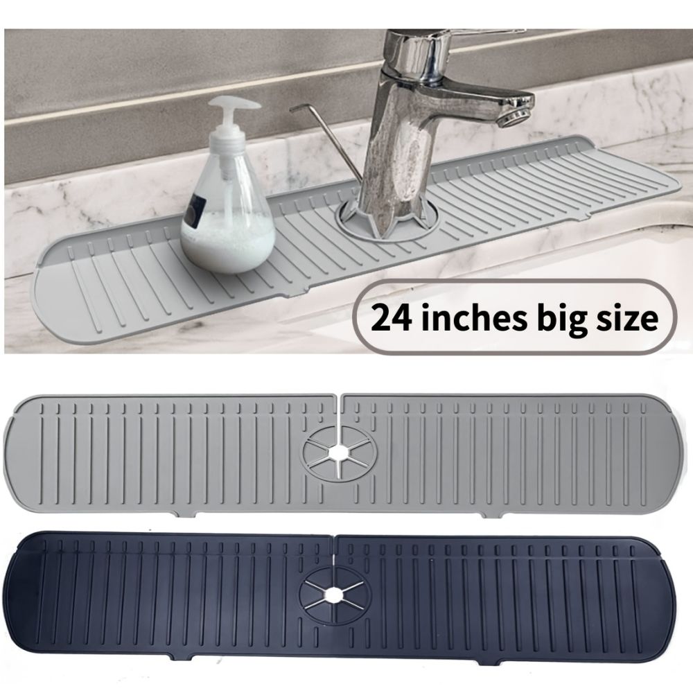 dropship 1pc Faucet Sink Splash Guard Mat, Silicone Faucet Water Catcher Mat Cover, Sink Draining Pad Behind Faucet, Gray Black Silicone Drying Mat For Bathroom Countertop Protect