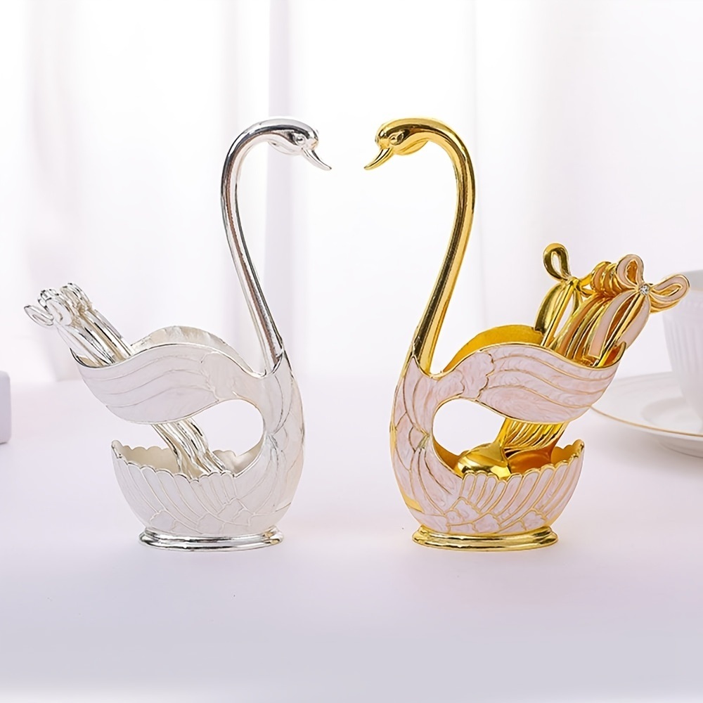 dropship 1pc Coffee Dessert Spoons Set; Swan Base Holder Coffee Spoons Set With 6 Forks Spoons Creative Metal Coffee Dessert Spoon Set For Coffee Dessert Ice Cream Use Great Gift