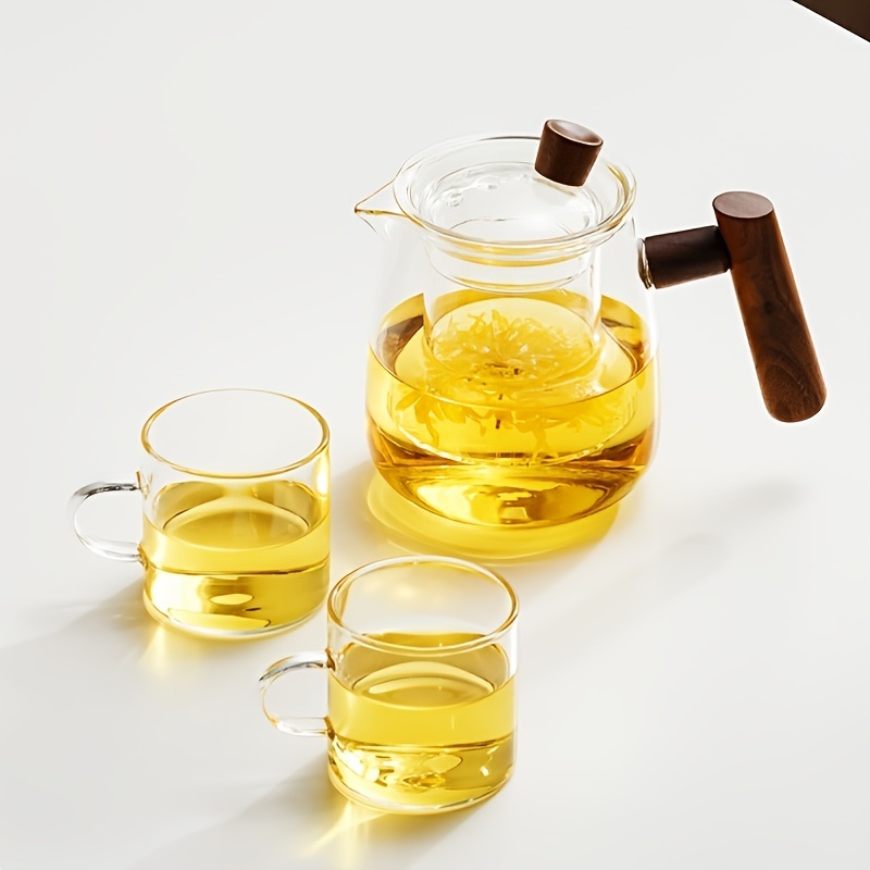 dropship 1pc High Borosilicate Heat-resistant Glass Teapot With Walnut Handle; 530ml/17.9oz; Removable Glass Filter; Transparent Tea Kettle