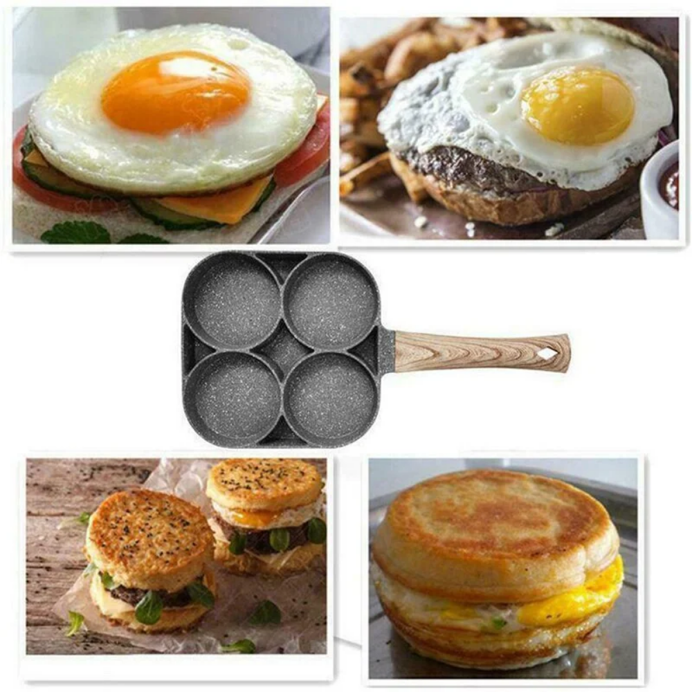 dropship 1pc Fry Pan For Egg, Non Stick Ham Pancake Maker, Egg Burger Pan With Wooden Handle, 4 Holes, For Induction Cooker Gas Stove
