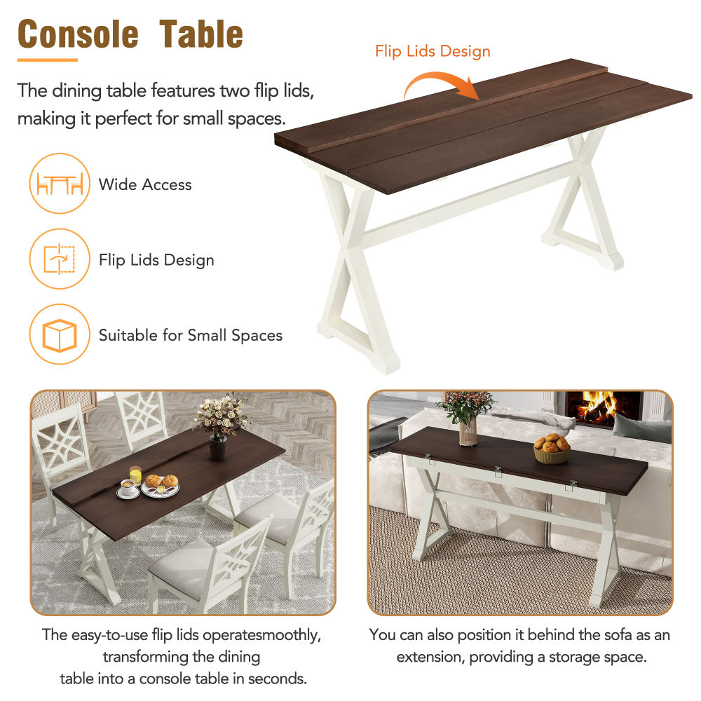 dropship TOPMAX 5-Piece 62*35.2inch Extendable Rubber Wood Dining Table Set with X-shape Legs,Console Table with Two 8.8Inch-Wide Flip Lids and Upholstered Dining Chairs ,Beige