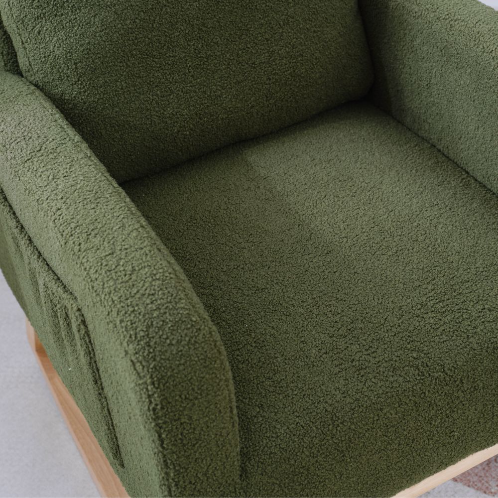 dropship Modern Accent Rocking Chair Rocking Chair with Solid Wood Legs, Upholstered Nursery Glider Rocker, Comfy Armchair with Side Pocket, Living Room Lounge Arm Chair with High Backrest (Dark green,teddy)