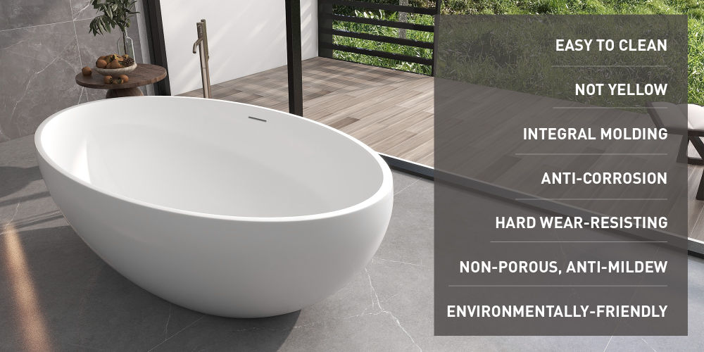 dropship FRALIMK 67" x 39.4" x 22.05" Flat Bottom Oval Freestanding Resin Stone Bath;  Solid Surface Non-slip Matte White