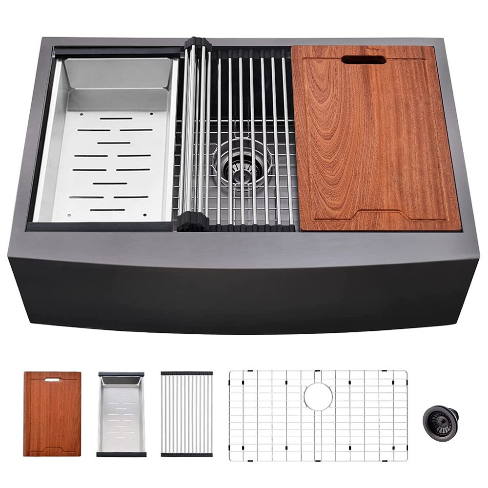 dropship 33" L X 22" W Farmhouse Kitchen Sink Matte Black Stainless Steel 33 in.Single Bowl Farmhouse Apron Workstation Kitchen Sink with Accessory Kit