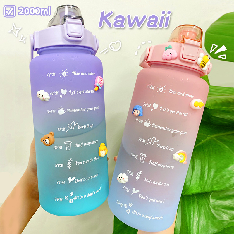 dropship 2L Large Capacity Water Bottle With Bounce Cover Time Scale Reminder Frosted Cup With Cute Stickers For Outdoor Sports Fitness