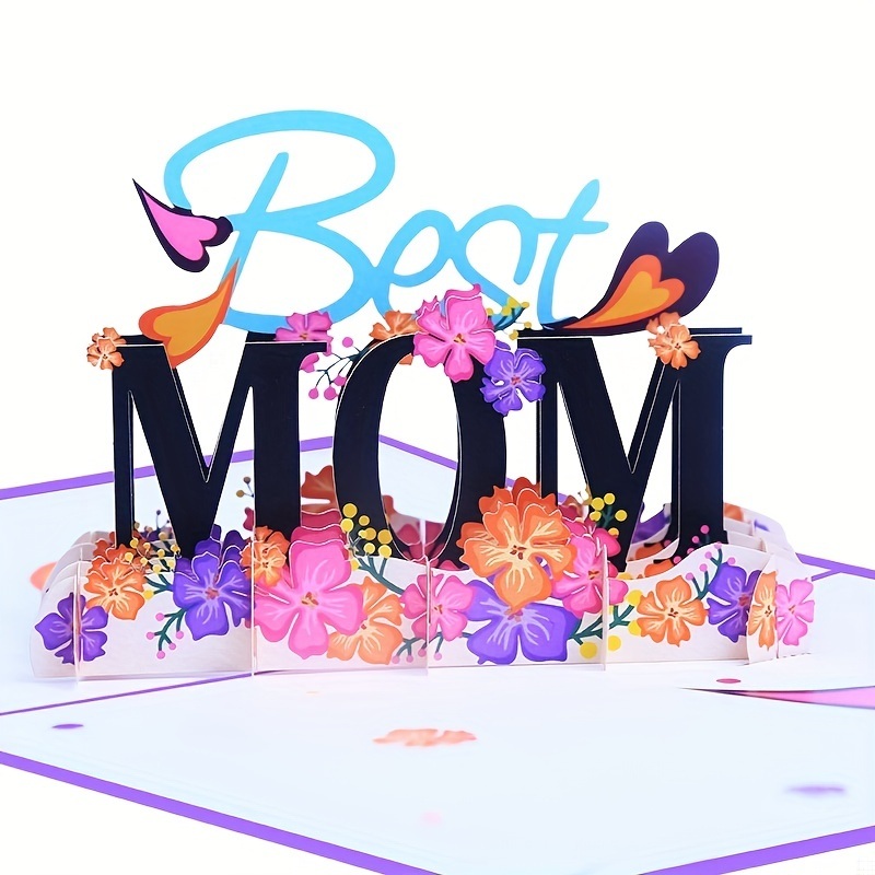 dropship 1pc Greeting Card; With Blank Envelope And Message Card; BEST MOM Pop Up Greeting Card; Colorful Flowers Heart Decor 3D Card; Mother's Day Gift; Theme Party Decor