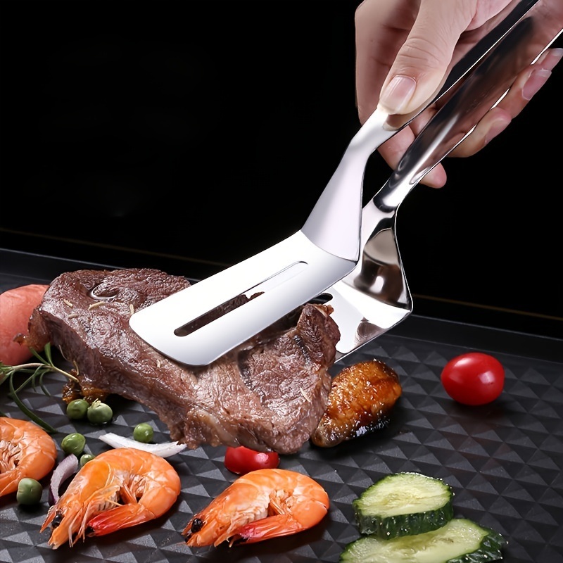 dropship 1pc Stainless Steel Steak Clamps; Kitchen Barbecue Food Flipping Spatula Tongs Clip For Burgers BBQ Pizza Pies Fish; Kitchen Bread Tongs