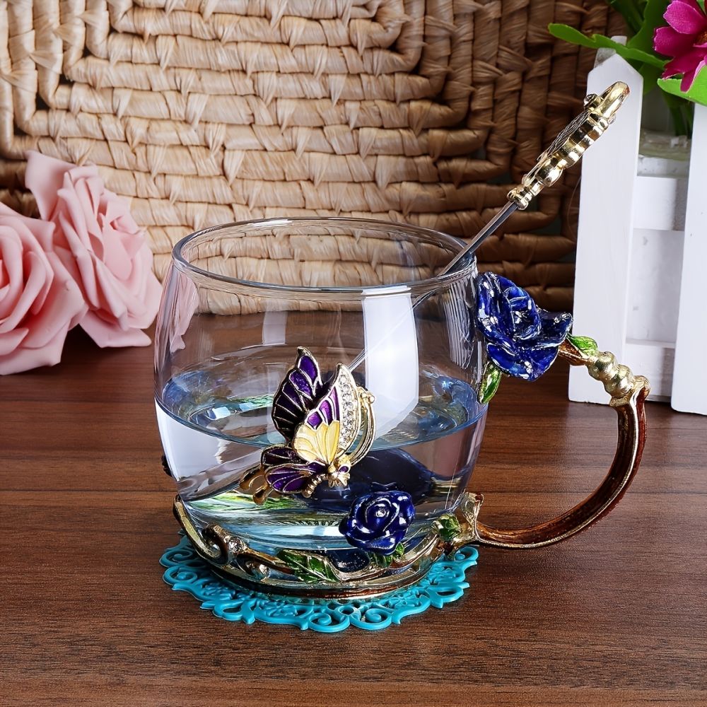 dropship 1pc Rose Enamel Crystal Tea Cup; Coffee Mug; Tumbler Butterfly Rose Painted Flower Water Cups; Clear Glass With Spoon Set